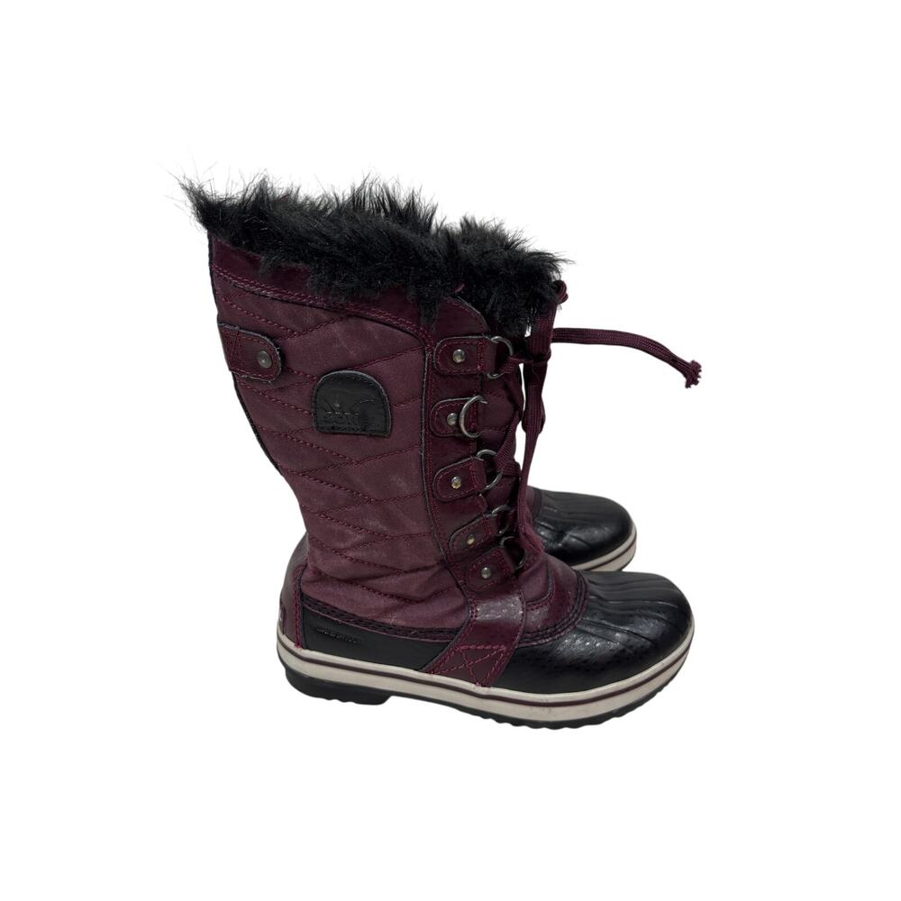 Sorel Tofino II Winter Boots Kids 3 Burgundy Black Faux Fur Quilted Lace Up